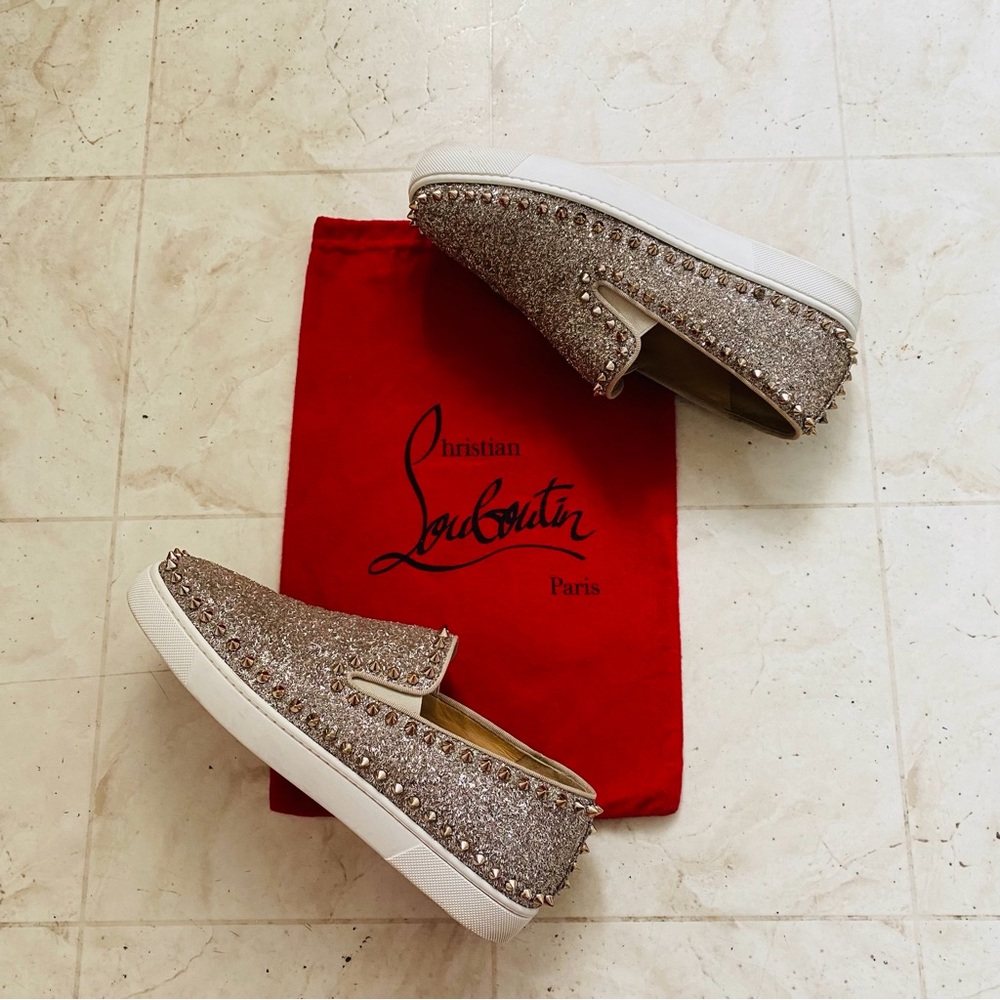 $995 Christian Louboutin Pik Boat Metallic Spike Studs Slip-on Sneakers Size 9